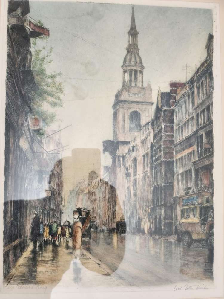 City Street with Church Spire (descriptive title)